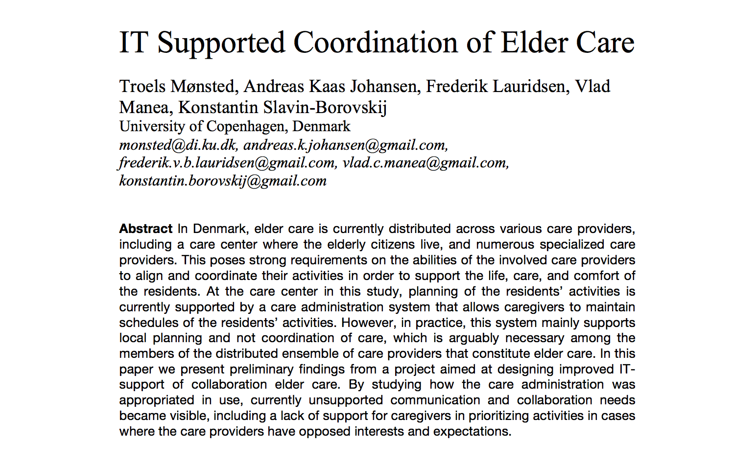 IT Supported Coordination of Elder Care” workshop artikel