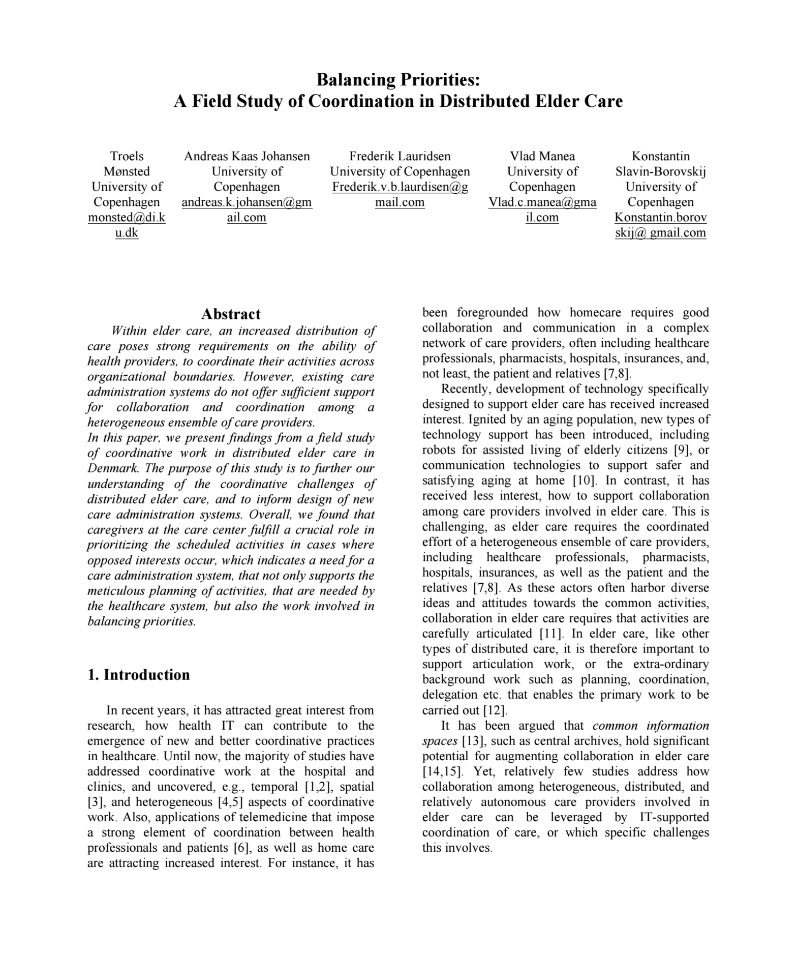 Balancing Priorities: A Field Study of Coordination in Distributed Elder Care artikel